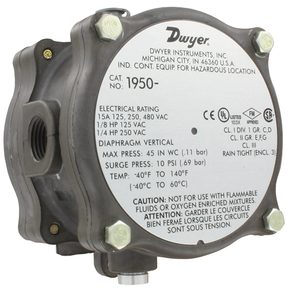 [NVT011678] Series 1950 Presostato Diferencial A Prueba De Explosión (1950-0-2F: Interruptor de presión diferencial, rango de 0.15-0.50" columna de agua, banda muerta aproximada en punto de ajuste mínimo ínimo de 0.10, banda muerta aproximada en punto de ajuste máximo de 0.15.)